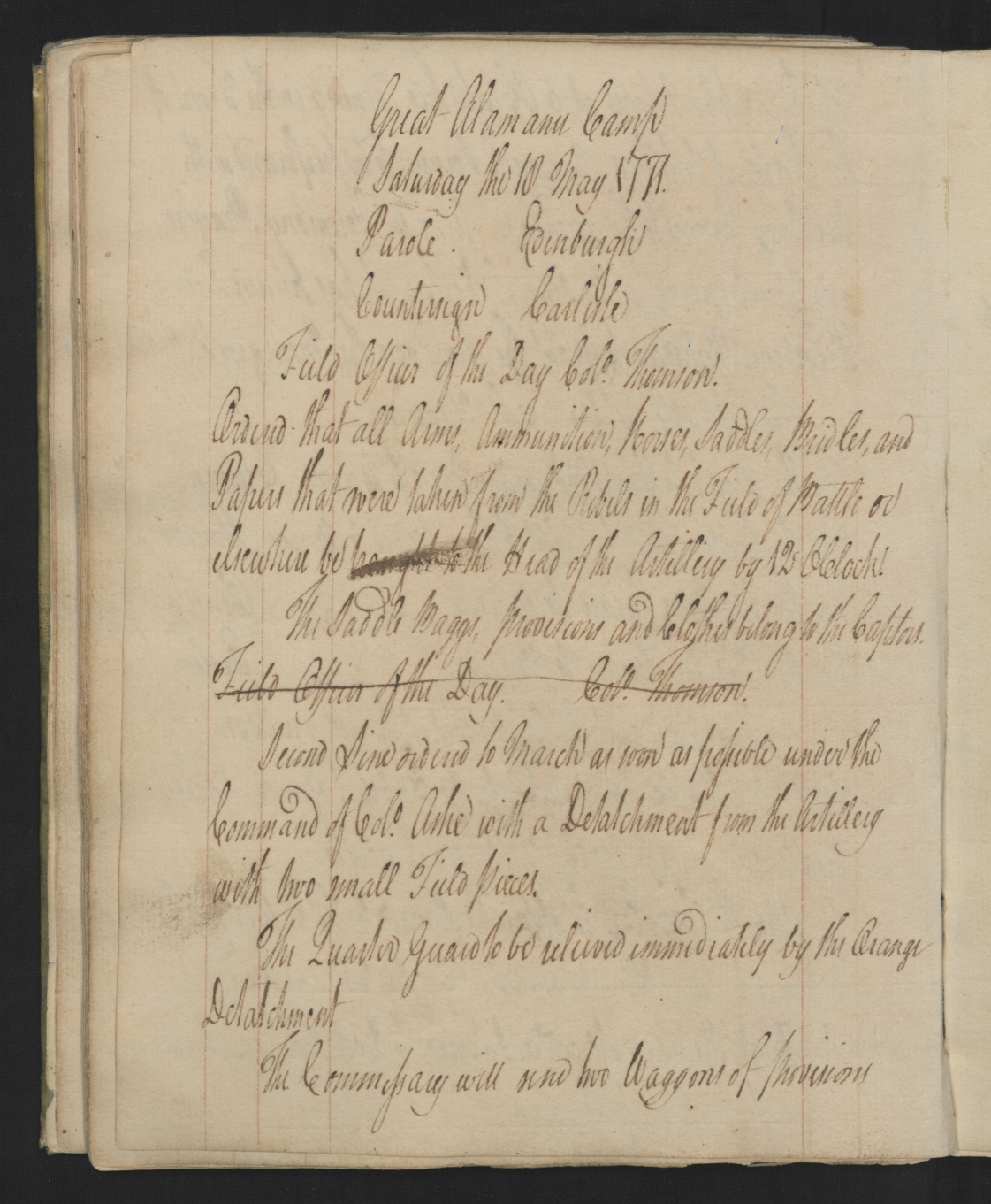 Order from William Tryon to the Militia of North Carolina Raised to March Against the Regulators, 18 May 1771, page1.