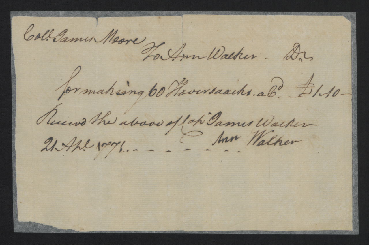 Receipt from Ann Walker to James Moore for Haversacks, 21 April 1771, page 1