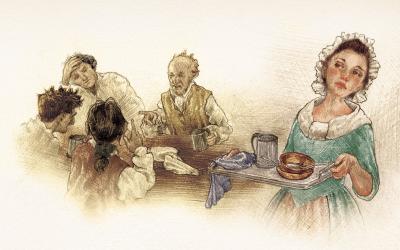 Illustration of a woman in colonial dress in a tavern