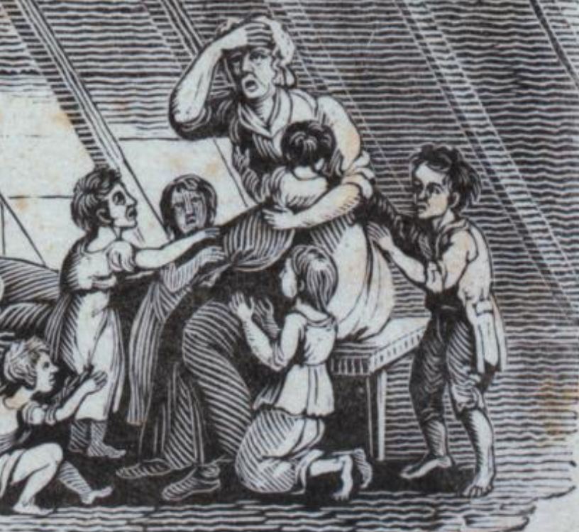 An engraving of a woman with several children. 