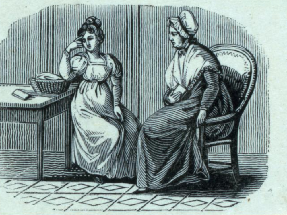 An engraving of two women.