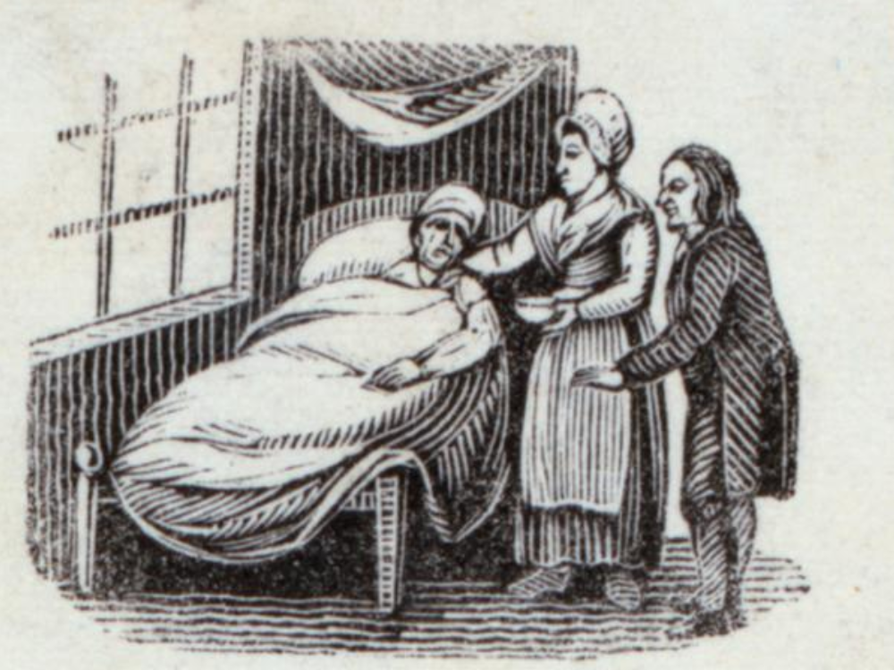 An engraving of a man and woman tending to an injured man. 