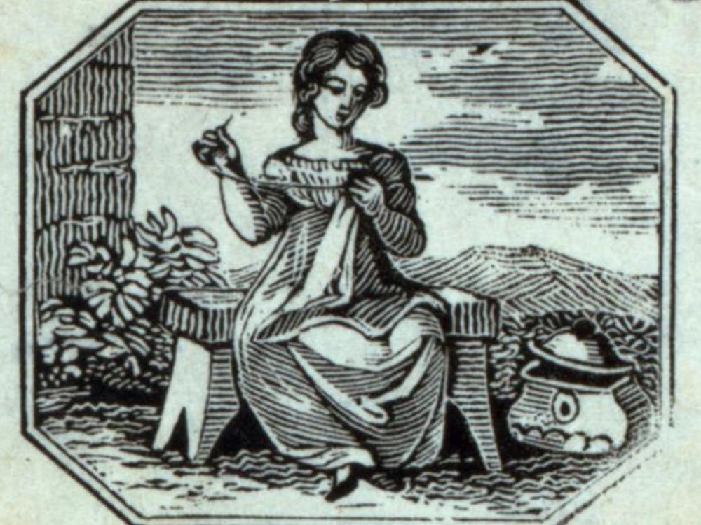 An engraving of a woman sewing.