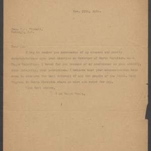 Letter from Charles N. Hunter to Governor-Elect Bickett, November 11, 1916