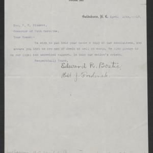 Letter from Bostic and Frederick to Gov. Bickett, April 10, 1917