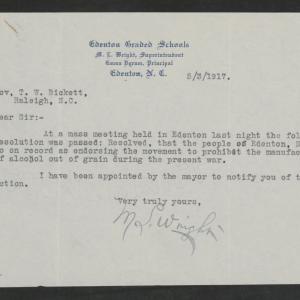 Letter from Martin L. Wright to Gov. Bickett, May 3, 1917