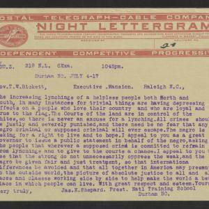 Telegram from James E. Shepard to Thomas W. Bickett, July 4, 1917