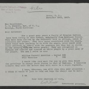 Letter from E. F. Lovill to Governor Bickett, November 15, 1917