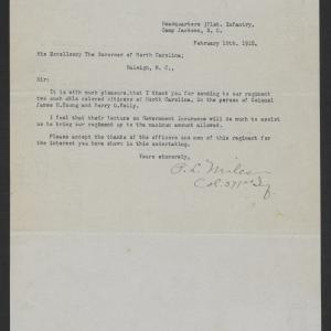 Letter from Perry L. Miles to Gov. Bickett, February 10, 1918