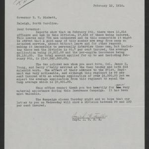Letter from David H. Fuller to Gov. Bickett, February 10, 1918
