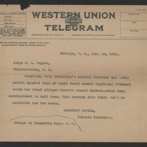 Telegram from Santford Martin to Charles A. Vogler, November 22, 1918