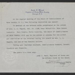 Resolution by the Wake County Board of Commissioners, October 30, 1918