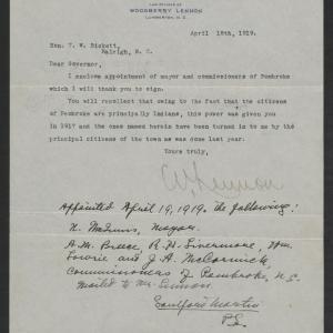 Letter from Lennon to Bickett, April 18, 1919