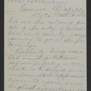 Resolution from African American Citizens of Goldsboro, N.C., July 4, 1919, page 1
