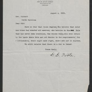 Letter from David D. Foote to Gov. Thomas W. Bickett, August 4, 1919