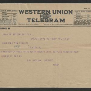 Telegram from Eric O. Shelton to Gov. Thomas W. Bickett, April 19, 1920
