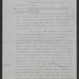 An Appeal to the People of Charlotte and Mecklenburg County for Co-operation of Labor and Capital by Gov. Thomas W. Bickett, May 30, 1919, page 1