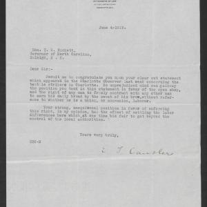 Letter from Edwin T. Cansler to Thomas W. Bickett, June 4, 1919