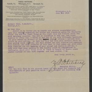 Letter from Zollicoffer W. Whitehead to Thomas W. Bickett, June 7, 1919