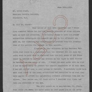 Letter from Thomas W. Bickett to David Clark, June 17, 1919, page 1