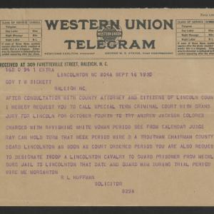 Telegram from Robert L. Huffman to Thomas W. Bickett, September 16, 1920
