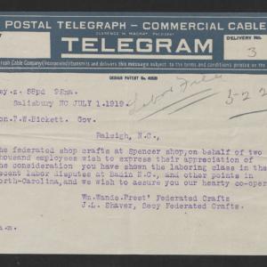 Telegram from William Wands and John L. Shaver to Thomas W. Bickett, July 1, 1919