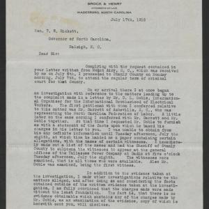 Letter from Walter E. Brock to Thomas W. Bickett, July 17, 1919, page 1