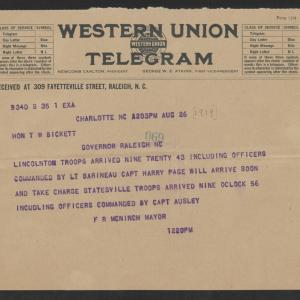 Telegram from Frank R. McNinch to Thomas W. Bickett, August 26, 1919