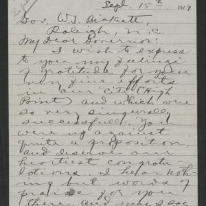 Letter from James A. Clarke to Thomas W. Bickett, September 15, 1919, page 1