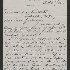 Letter from George W. Wilson to Thomas W. Bickett, October 2, 1919, page 1