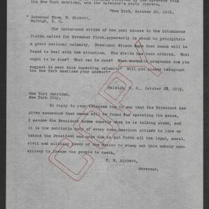 Telegrams between Thomas W. Bickett and the New York American, October 26-28, 1919