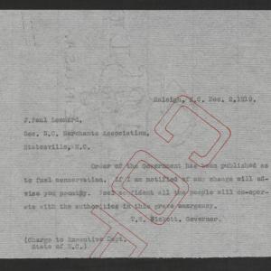Telegram from Thomas W. Bickett to Joseph P. Leonard, December 2, 1919