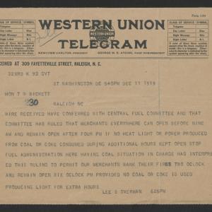 Telegram from Lee S. Overman to Thomas W. Bickett, December 11, 1919
