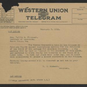 Telegram from Thomas W. Bickett to Ruffin G. Pleasant, February 7, 1919