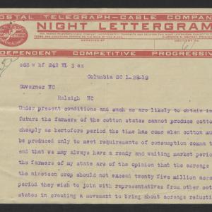 Telegram from Robert A. Cooper to Thomas W. Bickett, January 28, 1919, page 1