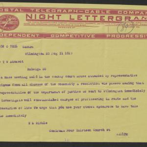 Telegram from William L. Riddle to Thomas W. Bickett, August 21, 1919