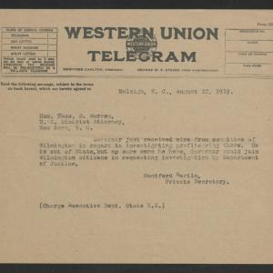 Telegram from Santford Martin to Thomas D. Warren, August 22, 1919