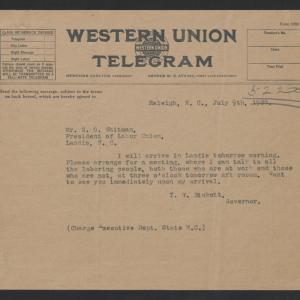 Telegram from Thomas W. Bickett to Shelton O. Whitman, July 9, 1920