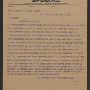 Telegram from John S. Wannamaker to Thomas W. Bickett, November 1, 1920