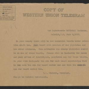 Telegram from Thomas W. Bickett, June 4, 1917