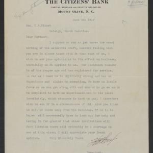 Letter from Headley M. Cox to Thomas W. Bickett, June 5, 1917