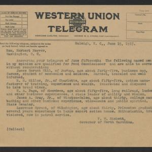 Telegram from Thomas W. Bickett to Herbert C. Hoover, June 19, 1917