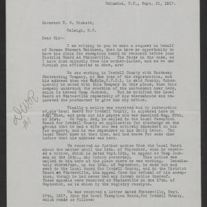 Letter from David W. Robinson to Thomas W. Bickett, September 21, 1917, page 1