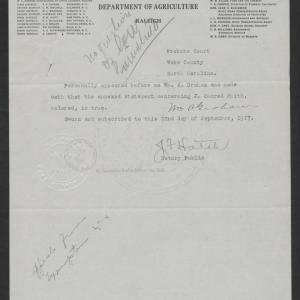 Notarized Statement of William A. Graham in Support of James C. Smith, September 22, 1917