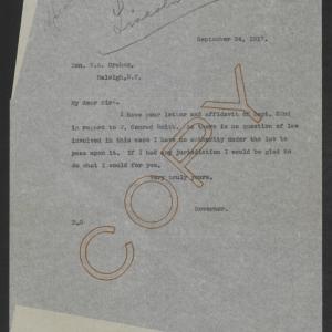 Letter from Thomas W. Bickett to William A. Graham, September 24, 1917