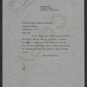 Letter from Thomas W. Bickett to the Chairman of the Alamance County Exemption Board, September 25, 1917