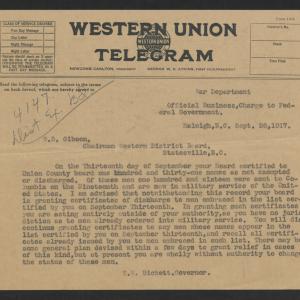 Telegram from Thomas W. Bickett to William B. Gibson, September 26, 1917