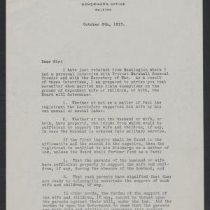 Letter from Thomas W. Bickett to All Local Exemption Boards in North Carolina, October 8, 1917, page 1