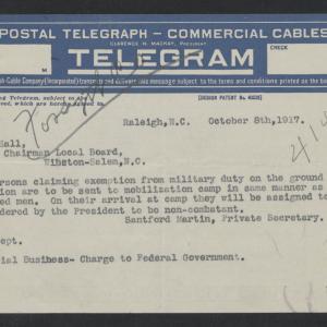 Telegram from Santford Martin to Shirley E. Hall, October 8, 1917
