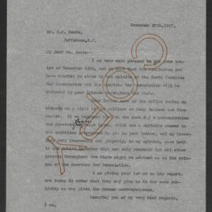 Letter from Thomas W. Bickett to Thomas C. Bowie, November 17, 1917